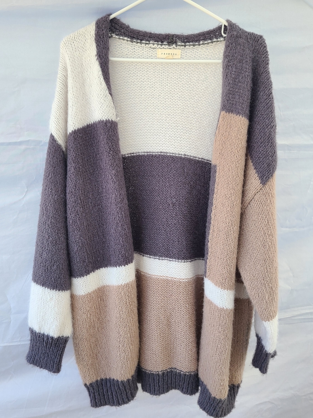 Cozy Colorblock Open-Front Cardigan Sweater - Taupe, Cream & Gray